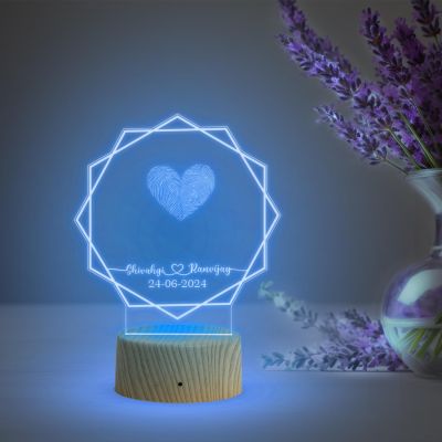 Personalized Hexagon Shape Couple Fingerprint Night Lamp with Multicolored Light Customized Name & Date Gift for Anniversary, Birthday, Wedding, Engagement & Newly Married Couple